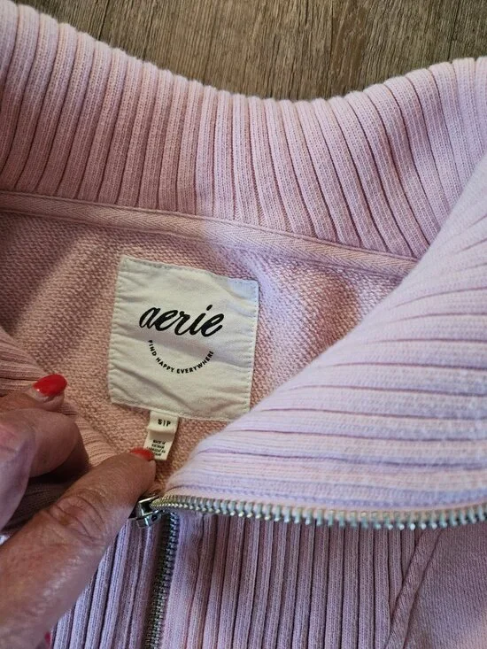 Aerie Pink Quarter Zip Pullover Sweatshirt Ribbed Collar Size S/P - Picture 2 of 5